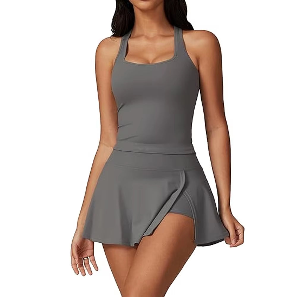 2 Piece Tennis Dresses for Women Side Slit Mini Skirt Set Racerback Workout Crop Tank Top Golf Outfits