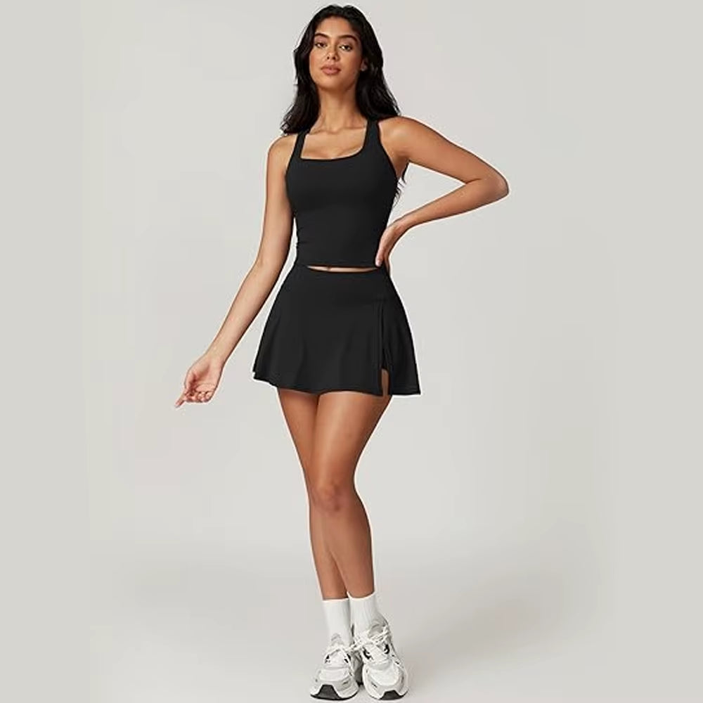 2 Piece Tennis Dresses for Women Side Slit Mini Skirt Set Racerback Workout Crop Tank Top Golf Outfits