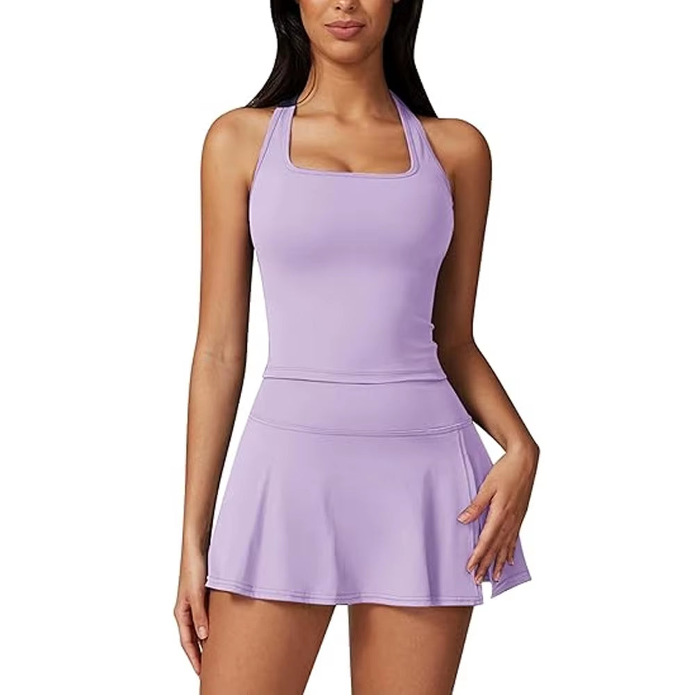 2 Piece Tennis Dresses for Women Side Slit Mini Skirt Set Racerback Workout Crop Tank Top Golf Outfits