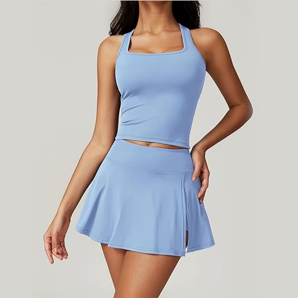 2 Piece Tennis Dresses for Women Side Slit Mini Skirt Set Racerback Workout Crop Tank Top Golf Outfits