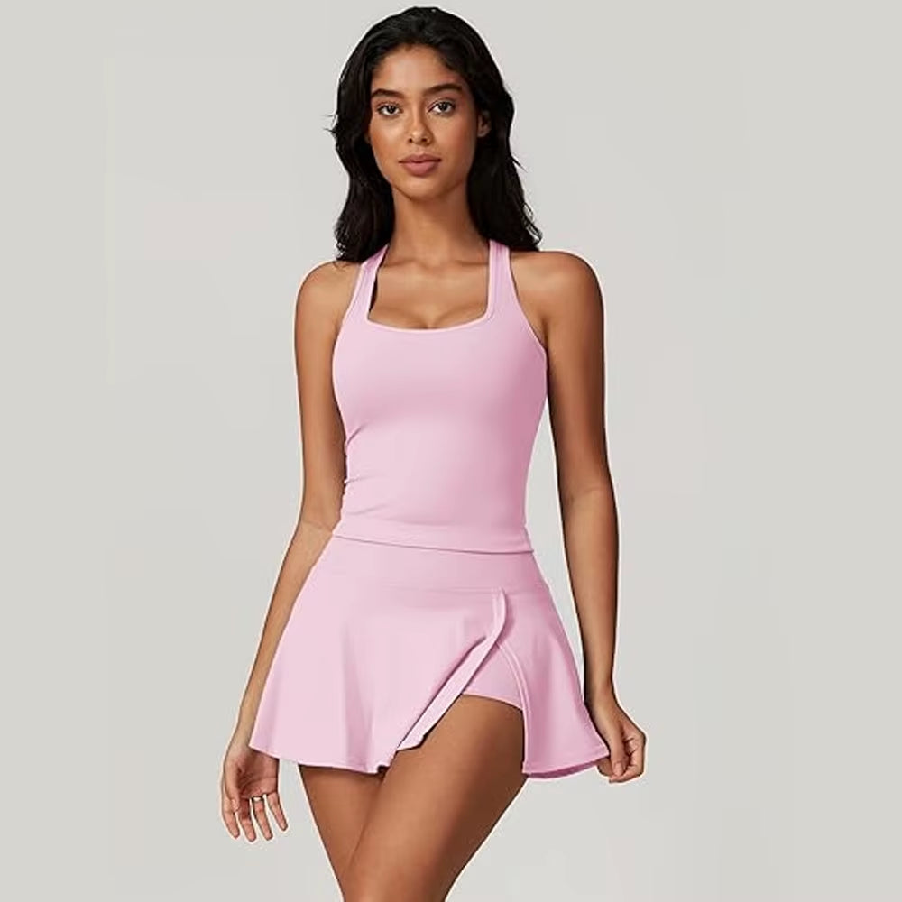 2 Piece Tennis Dresses for Women Side Slit Mini Skirt Set Racerback Workout Crop Tank Top Golf Outfits