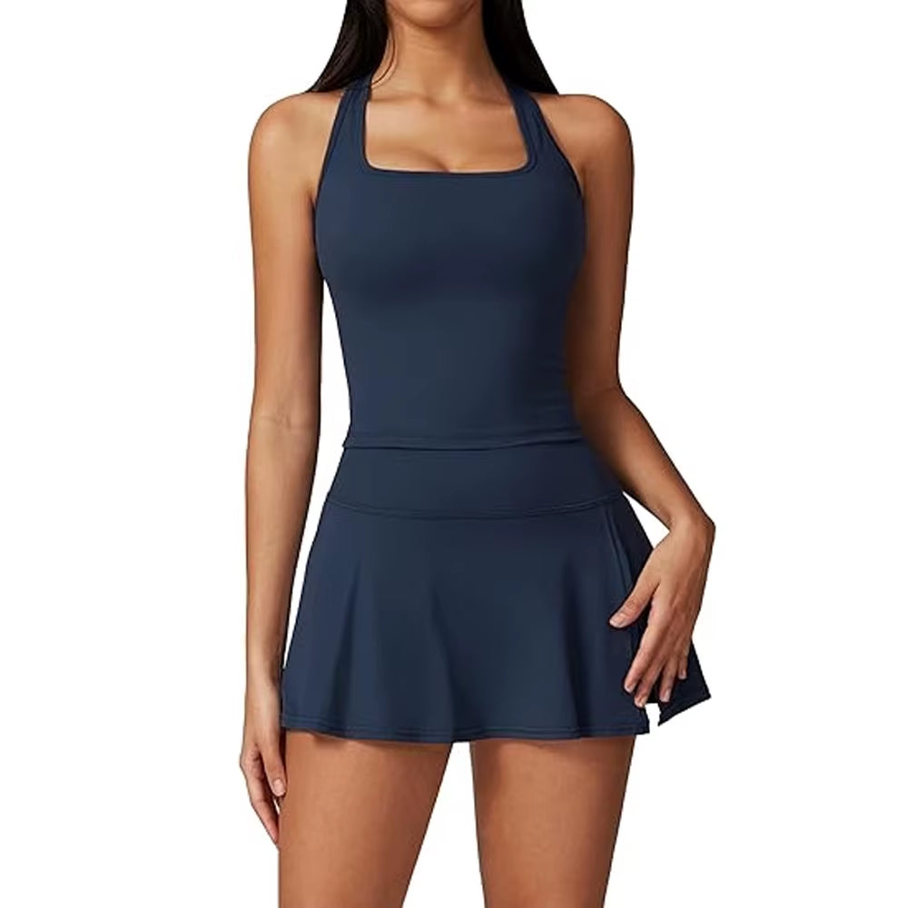 2 Piece Tennis Dresses for Women Side Slit Mini Skirt Set Racerback Workout Crop Tank Top Golf Outfits