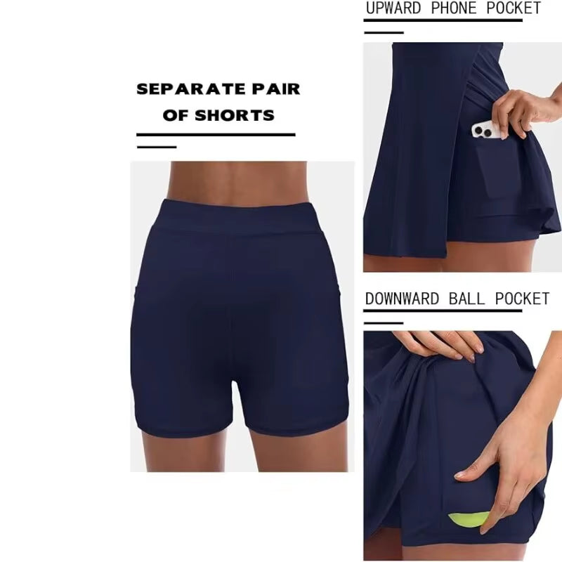 Yoga Tennis Skirt, Elastic Quick Drying Golf Sport Skirt, Pocket anti Glare Fitness Two-Piece Set