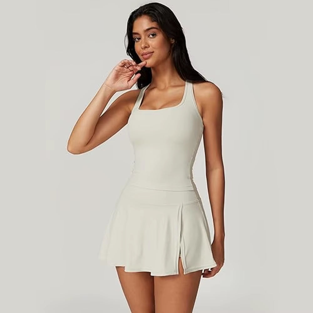 2 Piece Tennis Dresses for Women Side Slit Mini Skirt Set Racerback Workout Crop Tank Top Golf Outfits