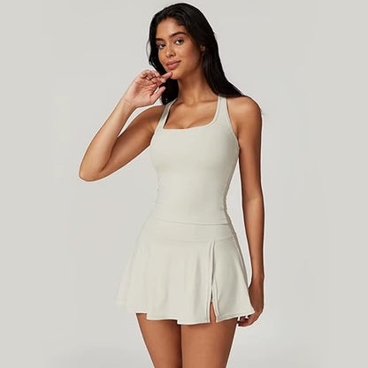 2 Piece Tennis Dresses for Women Side Slit Mini Skirt Set Racerback Workout Crop Tank Top Golf Outfits